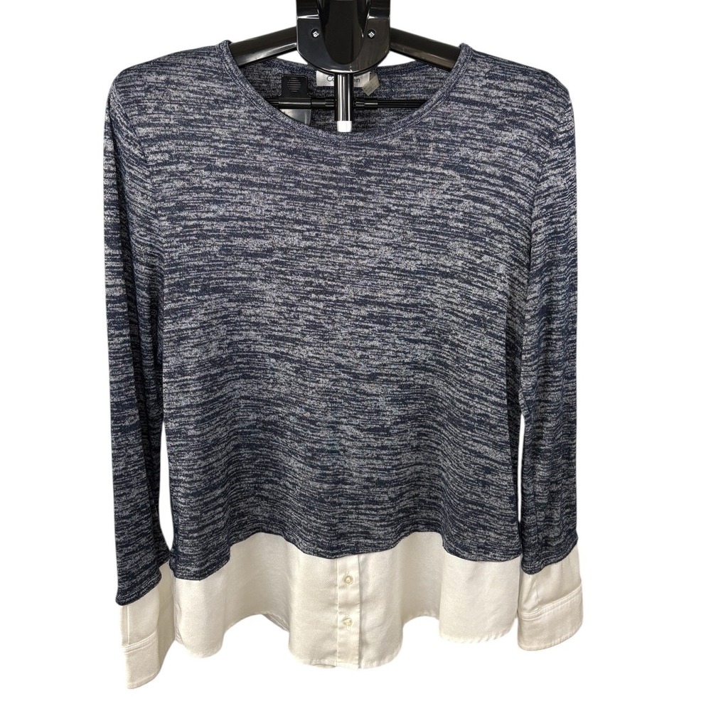 Calvin Klein Womens Navy‎ Space Dye Mixed Media Layered Look Knit Top Blouse L